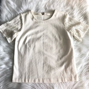 J Crew Lace Sleeve Ponte Top in White Size S